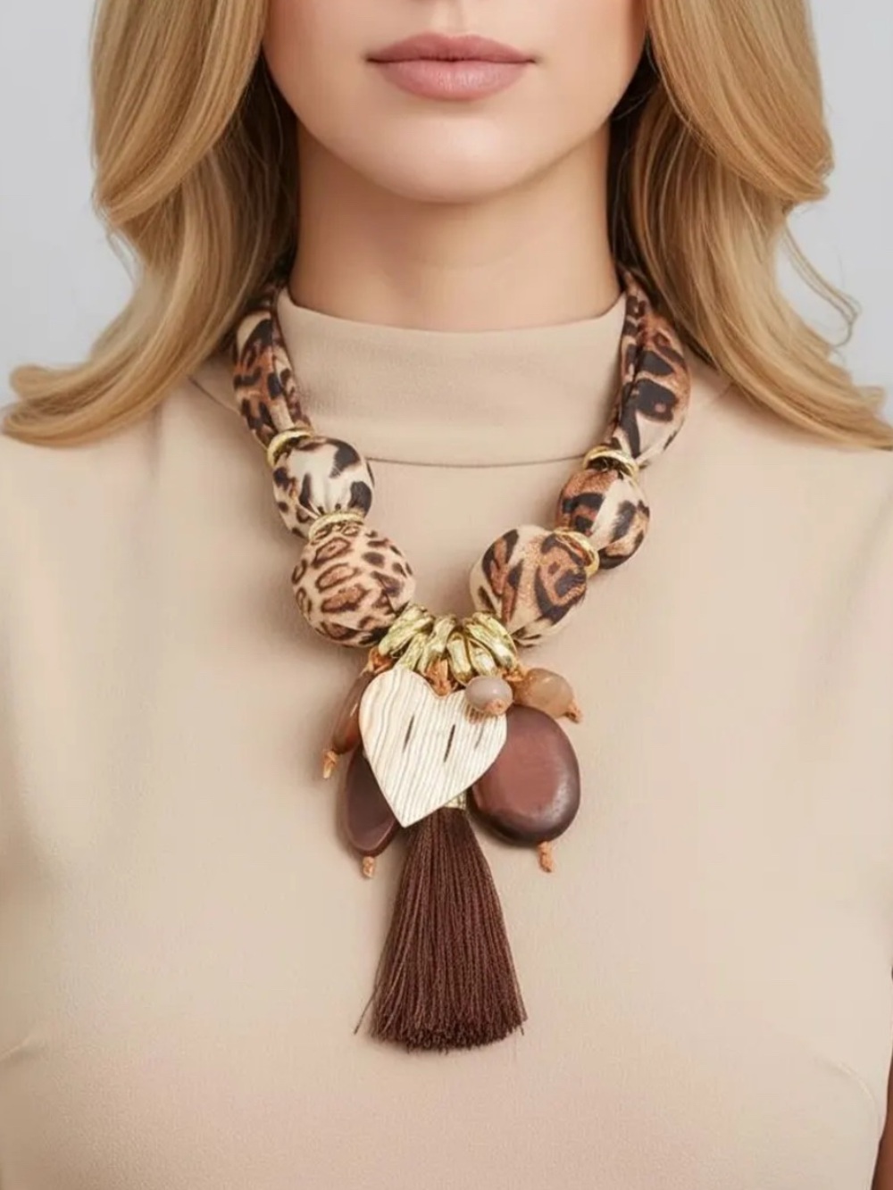Leopard Print Chunky Brown Tassel Statement Necklace - Unbranded Boho Safari